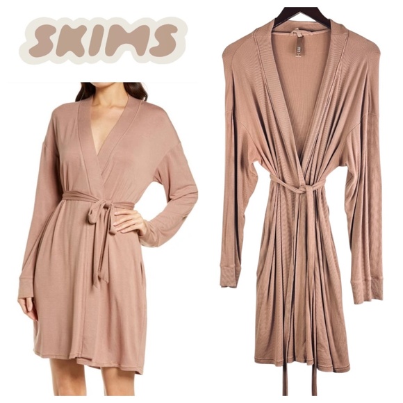Skims Soft Lounge Sleep Robe Womens Sz XL 14 16 Tan Brown Ribbed Stretch - Picture 1 of 5